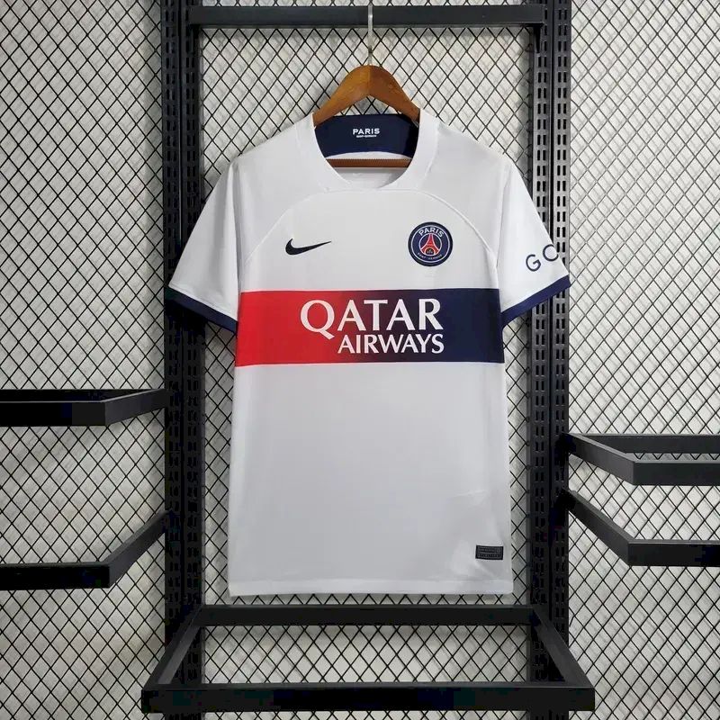 Maillot PSG extérieur 2023-2024 blanc avec logo Paris Saint-Germain
