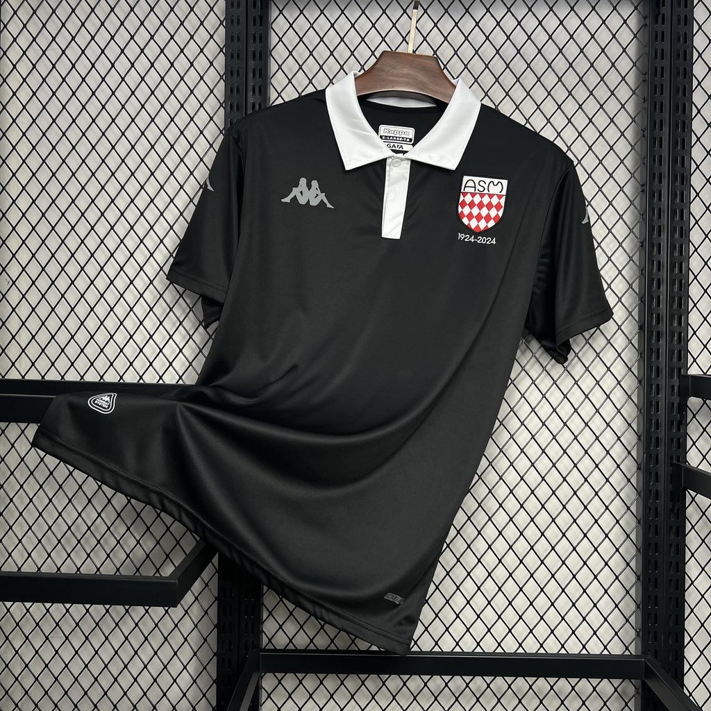 Maillot AS Monaco noir 2024-2025 avec logo du club et sponsor Kappa