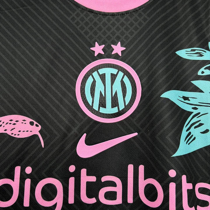 Maillot Inter Milan 2024 2025 noir avec logo rose et bleu, Nike et sponsor digitalbits