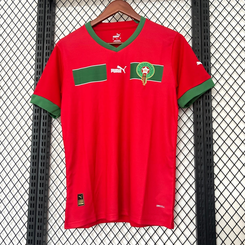 Maillot Maroc domicile rouge 2025 avec logo fédération royale