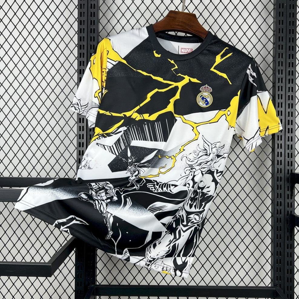 Maillot Real Madrid Marvel Thor noir blanc jaune 2025 édition spéciale