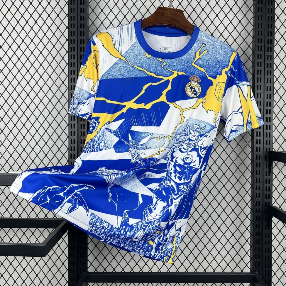 Maillot Real Madrid Marvel Thor bleu blanc or 2025 édition spéciale